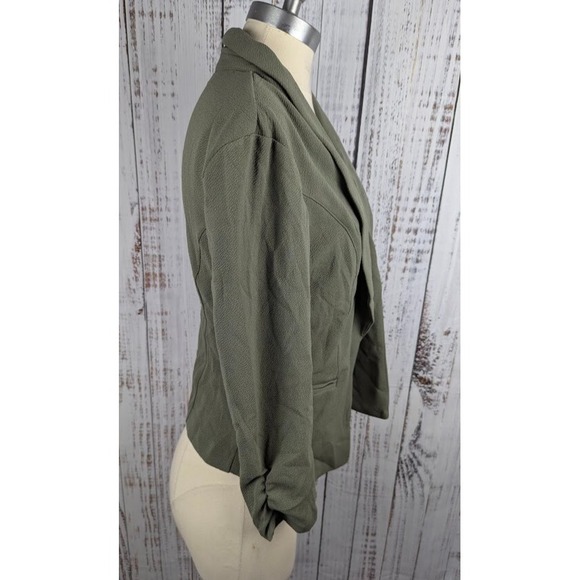 Bar III Knit-Crepe Ruched-Sleeve Blazer Dusty Olive Women's Size S Open - Picture 2 of 5